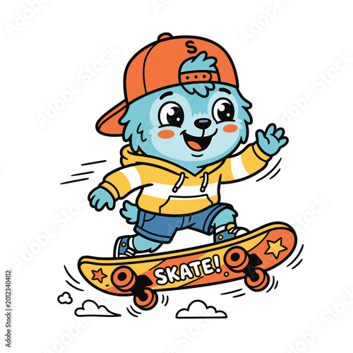 Cute Cartoon Blue Bear Character Riding Skateboard in Hoodie and Cap