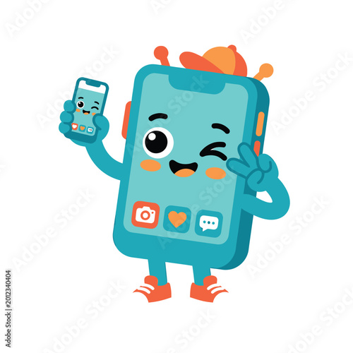 Cute Cartoon Smartphone Character Holding a Phone and Making a Peace Sign