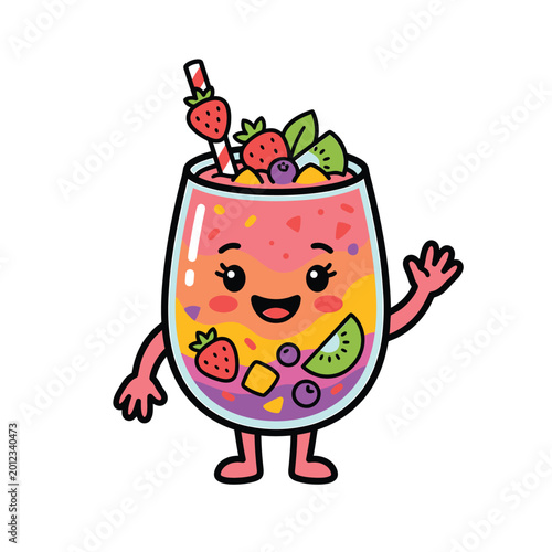Cute Kawaii Fruit Smoothie Character Illustration with Happy Face and Berries