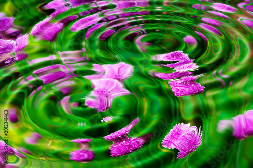 Obraz na plátně Abstract, green or ripples on water with pink flowers, sustainable environment or digital illustration