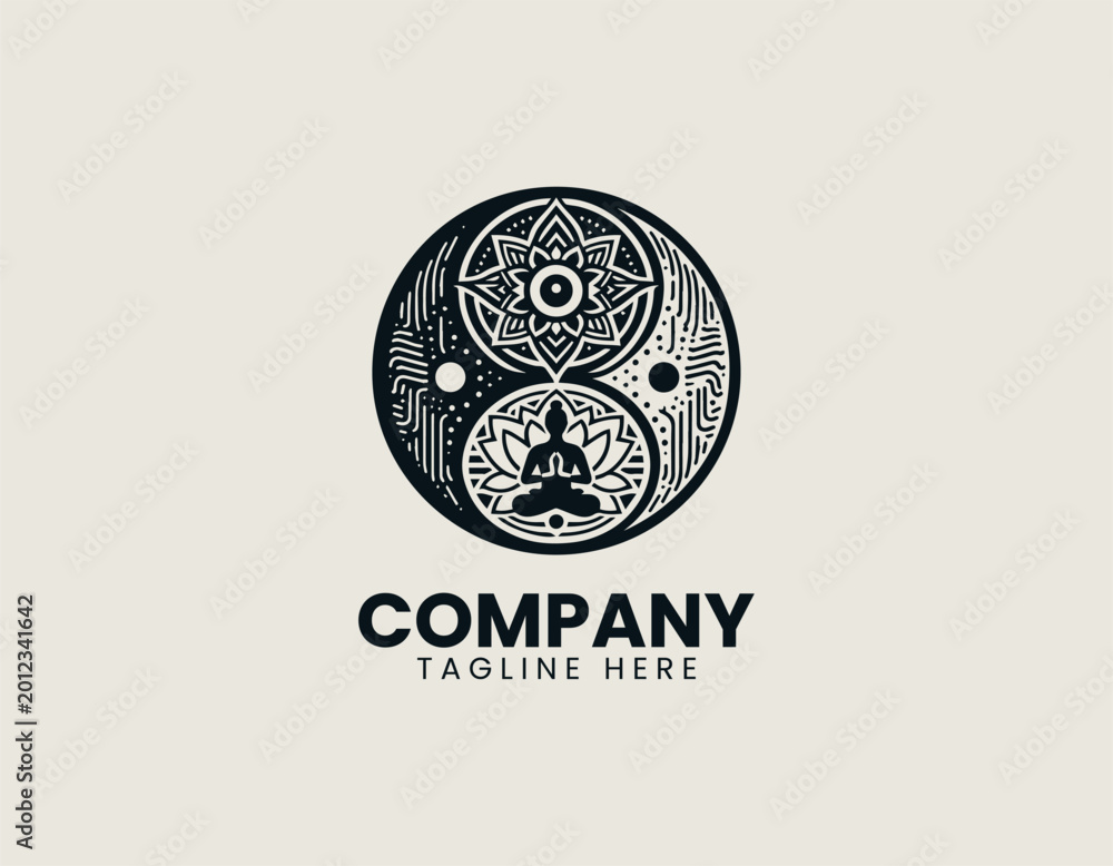 Fototapeta premium Yin yang lotus meditation symbol vector logo on white background