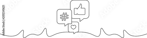 A simple line drawing of social media icons and a wavy line on a white background