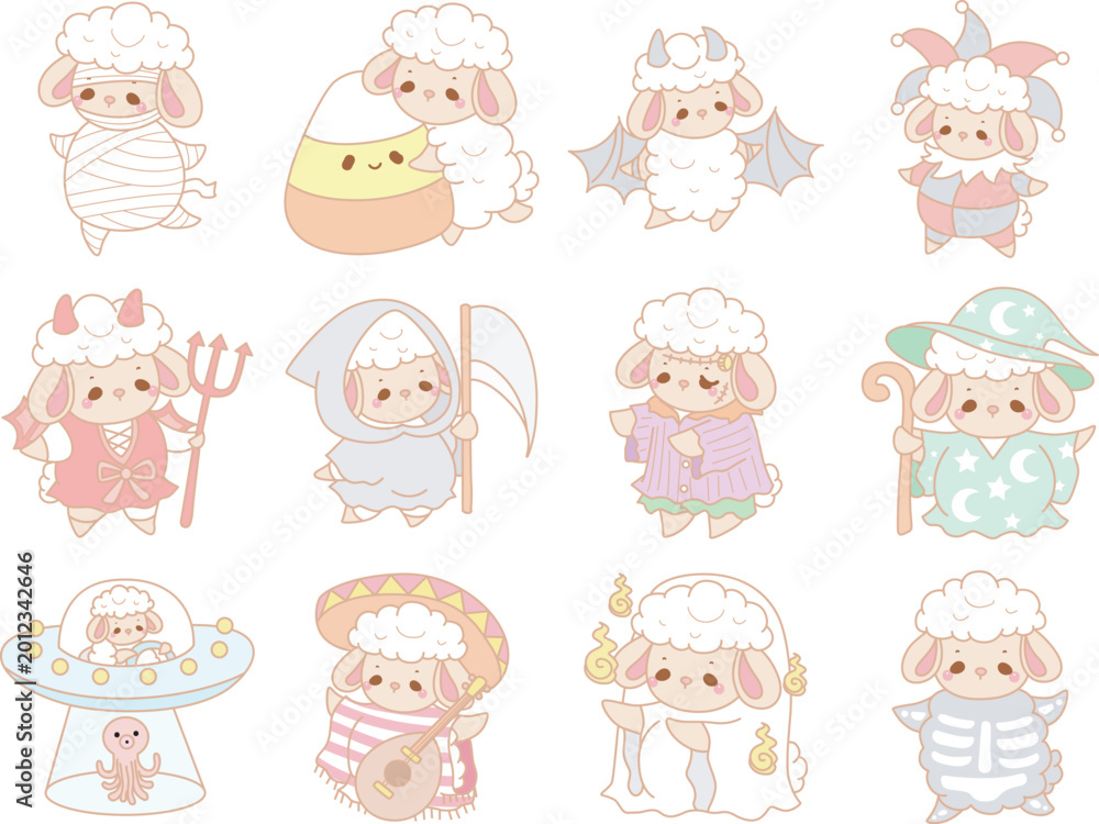Fototapeta premium Cute sheep hand drawn emotes halloween icon