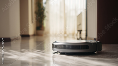 A modern robotic vacuum cleaner glides across a polished tiled floor in a bright, sunlit home interior, demonstrating smart home technology and automated cleaning for a modern lifestyle