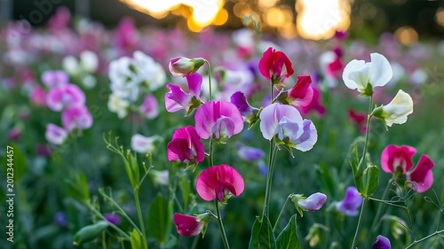 Colorful sweet pea flowers blooming in garden with soft sunlight and natural background