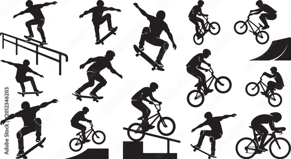 Fototapeta premium Bicycle tricks, bike stunts, cycling silhouettes, 16 black icons