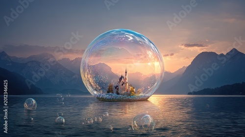 Fantasy castle inside a bubble on water at sunset