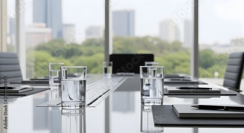 Empty modern office boardroom with water glasses. Corporate meeting and business collaboration. Clean conference table set with notebooks and pens in a high-rise building