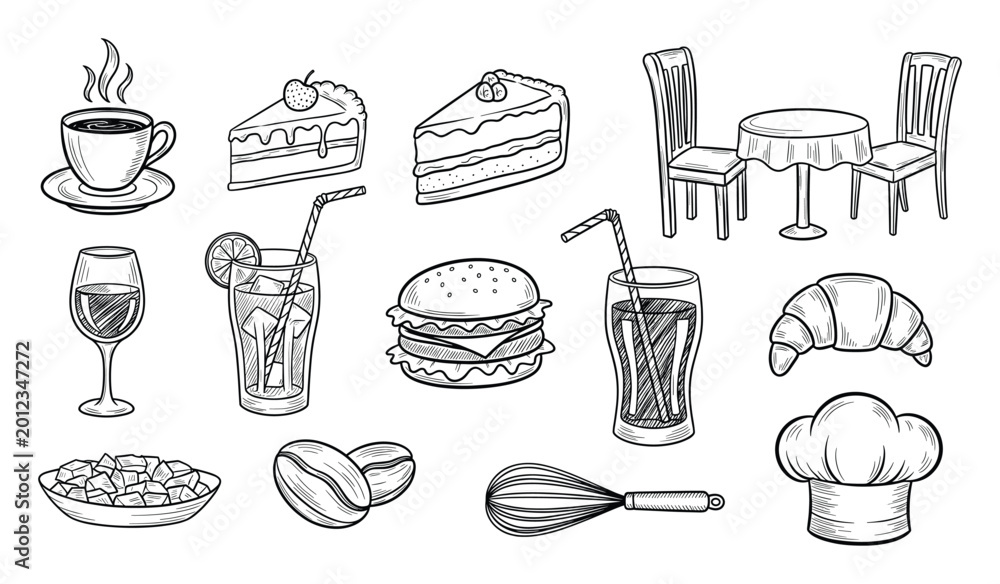 Fototapeta premium Hand drawn cafe and bakery items collection for culinary establishment branding or promotions
