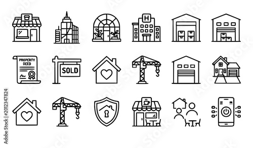 Foto Minimal Real Estate Thin Outline Icons Collection with Home Buildings Warehouse