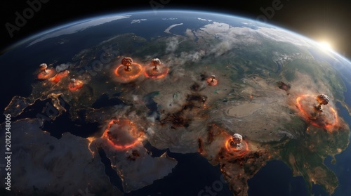Nuclear explosions on Earth map. Global conflict and war. Chaos fear.
