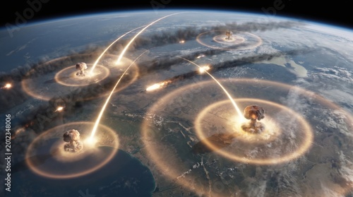 Nuclear missiles strike Earth. A terrifying vision of global conflict. Future war threat.