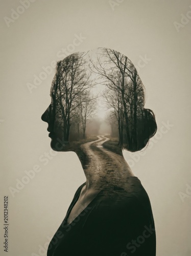 Double exposure profile of a woman. Ethereal nature reflects thought.