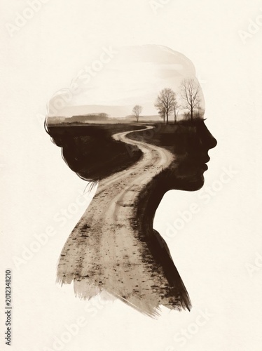 Double exposure of a woman. A peaceful journey into the soul. Self discovery.