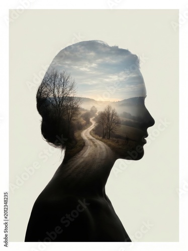Double exposure of woman and road. Finding a personal path forward. Reflective journey.