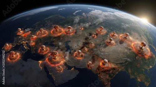 Nuclear explosions over Earth map. Global conflict and human ruin.