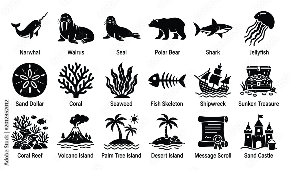 Obraz premium Sea life, island landscapes, and pirate treasure icons for marine adventure graphic assets.