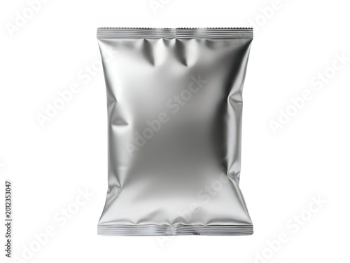 Blank silver foil snack food packaging pouch, png image on transparent background