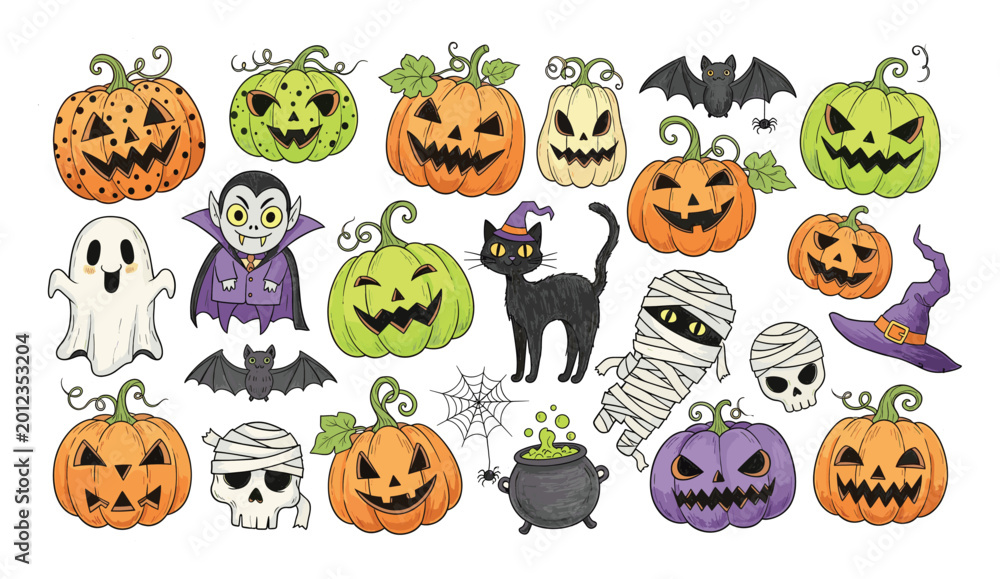 Obraz premium Halloween collection of playful spooky jackolanterns, ghost, vampire, mummy, and other seasonal holiday elements for celebration projects