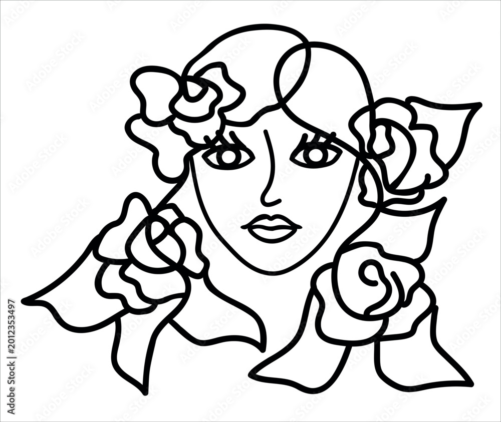 Fototapeta premium Line art illustration of a beautiful woman with flowers in her hair.
