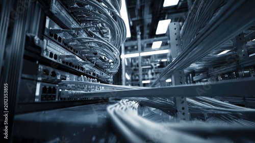 Servers and cables connecting global digital infrastructure