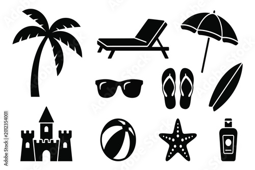black beach icons set including palm tree, lounge chair, umbrella, surfboard, sunglasses, flip flops, sandcastle, ball, starfish, and sunscreen isolated on transparent background