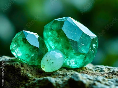 Bright green gemstones sit on a stone surface with a blurred natural background in daylight