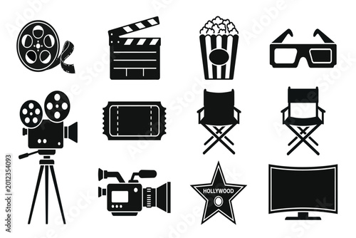 Foto black film and cinema icons isolated on transparent background