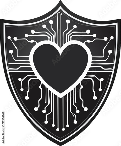 Shield with geometric circuits representing AI regulatory compliance and ethical safeguards