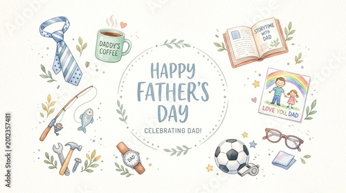 Father's Day illustration shows dad's items, sports gear, storybook, and a loving child's drawing