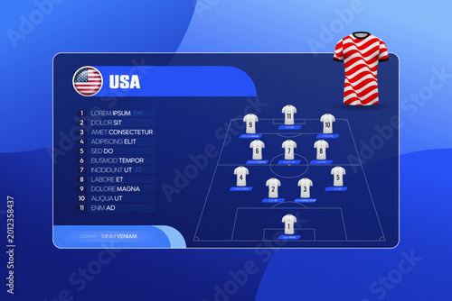 Quadro em tela Professional world football 2026 lineup vector template for USA team featuring strategic formation with jersey illustration and editable placeholder text