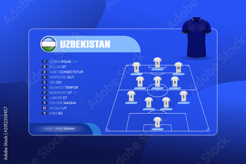 Tablou pe pânză Professional world football 2026 lineup vector template for Uzbekistan team featuring strategic formation with jersey illustration and editable placeholder text