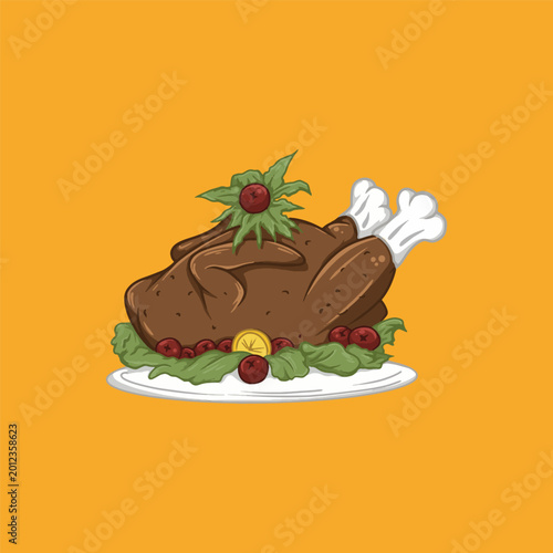 Thanksgiving Turkey Dinner with Garnish on Plate Cartoon Vector Food Design