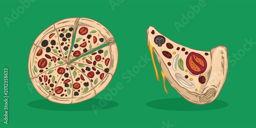 Hand drawn pizza whole and slice melted cheese illustration vector food clipart