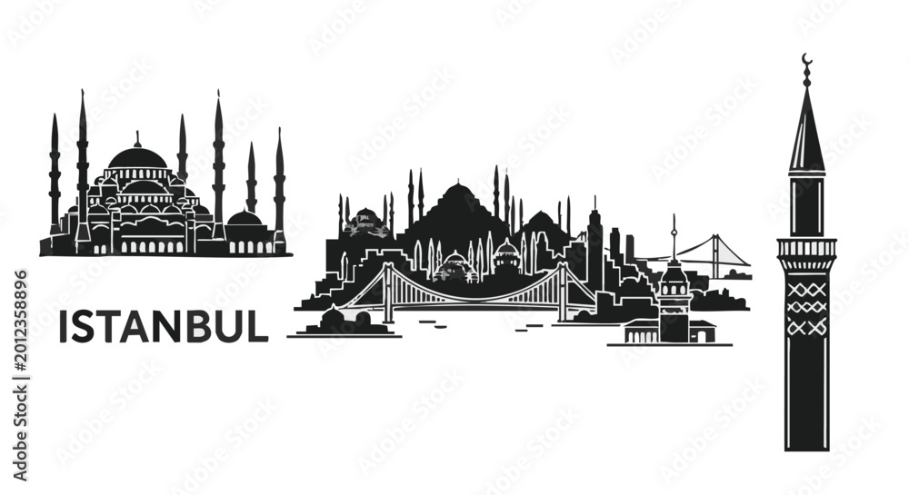 Naklejka premium Black and white istanbul skyline illustration with famous landmarks