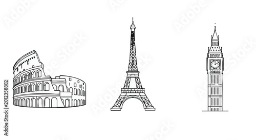 Three iconic landmarks vector illustration: colosseum, eiffel tower, big ben