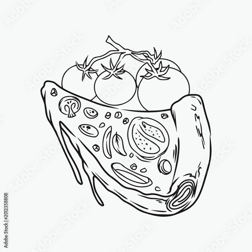 Line Art Cheesy pizza slice vector illustration with toppings and fresh tomatoes cartoon style