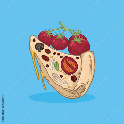 Cheesy pizza slice vector illustration with toppings and fresh tomatoes cartoon style