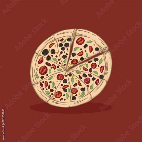 Whole pizza top view vector illustration with tomato olive basil toppings