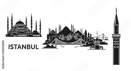 Black and white istanbul skyline illustration with famous landmarks