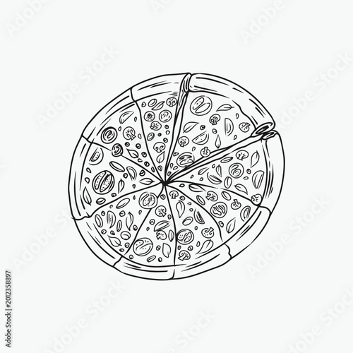 Line Art Whole pizza top view vector illustration with tomato olive basil toppings [Converted]