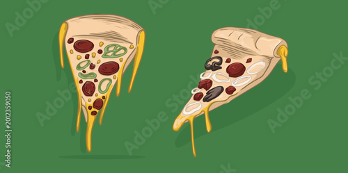 Cheesy pizza slice vector illustration with melted cheese and toppings isolated