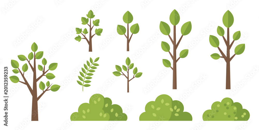 Fototapeta premium Variety of flat design green trees and bushes for nature related projects and layouts