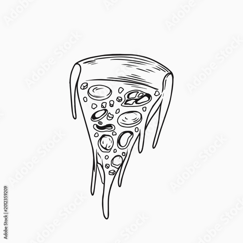 Line Art Cheesy pizza slice illustration vector with pepperoni and melted cheese dripping