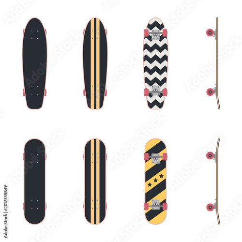 A skateboard set. Colored flat illustration. White background.