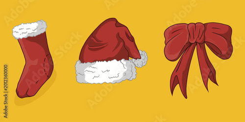Christmas santa hat sock ribbon vector illustration festive holiday elements