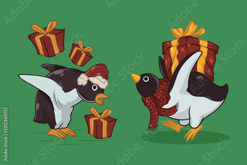 Christmas penguin cartoon illustration cute winter bird with gift boxes festive holiday character vector