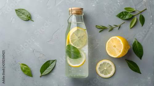 glass bottle with lemon slice and leaf 
