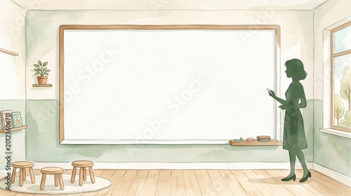 Teacher silhouette stands by a large blank whiteboard in a bright classroom, ready to teach