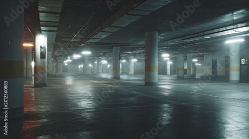 Empty underground parking garage with concrete pillars